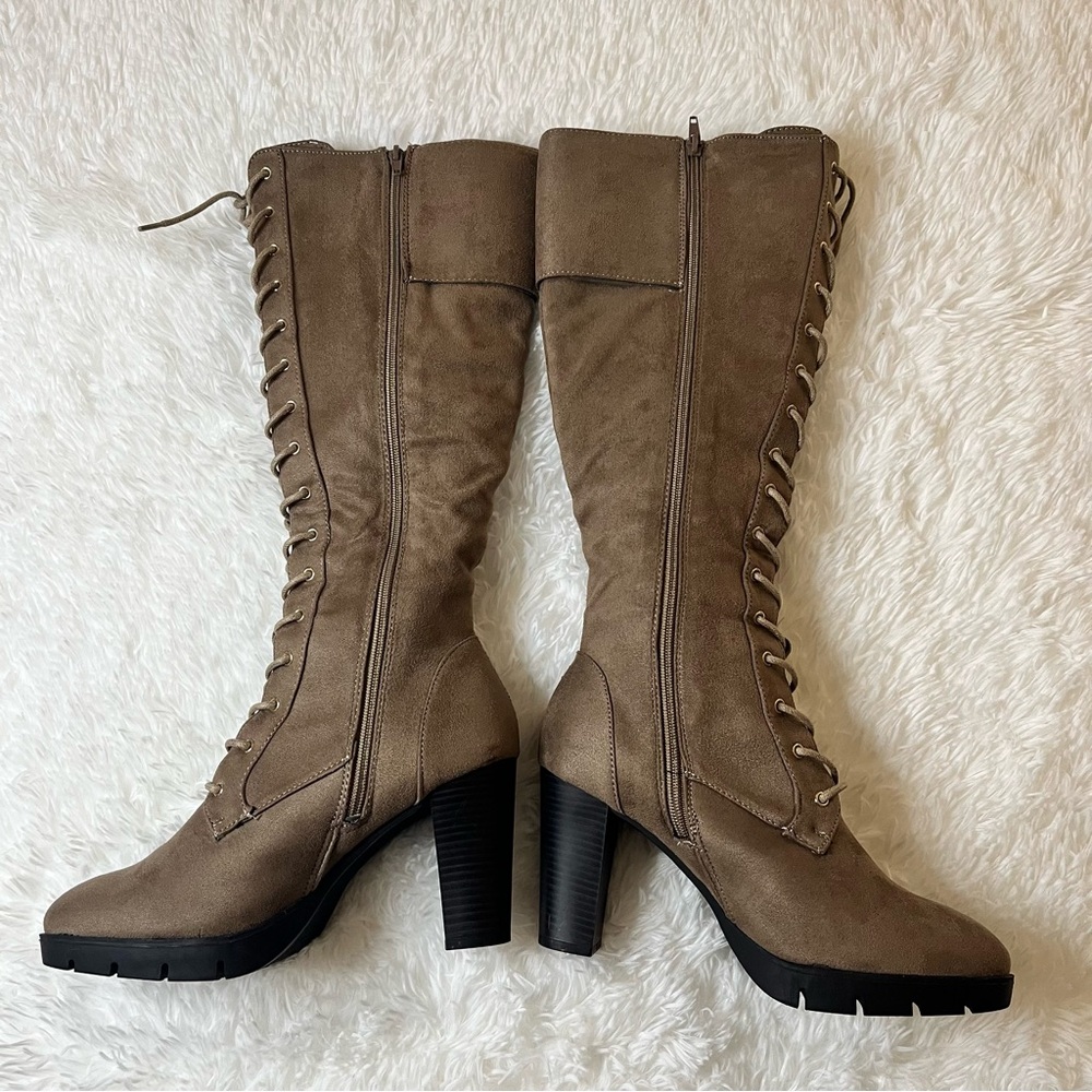 Taupe Brown Knee-High High heel Combat Boots women’s size 9
